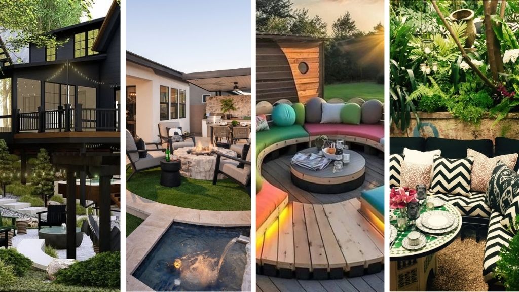 A collage of four beautifully designed garden seating areas. Th