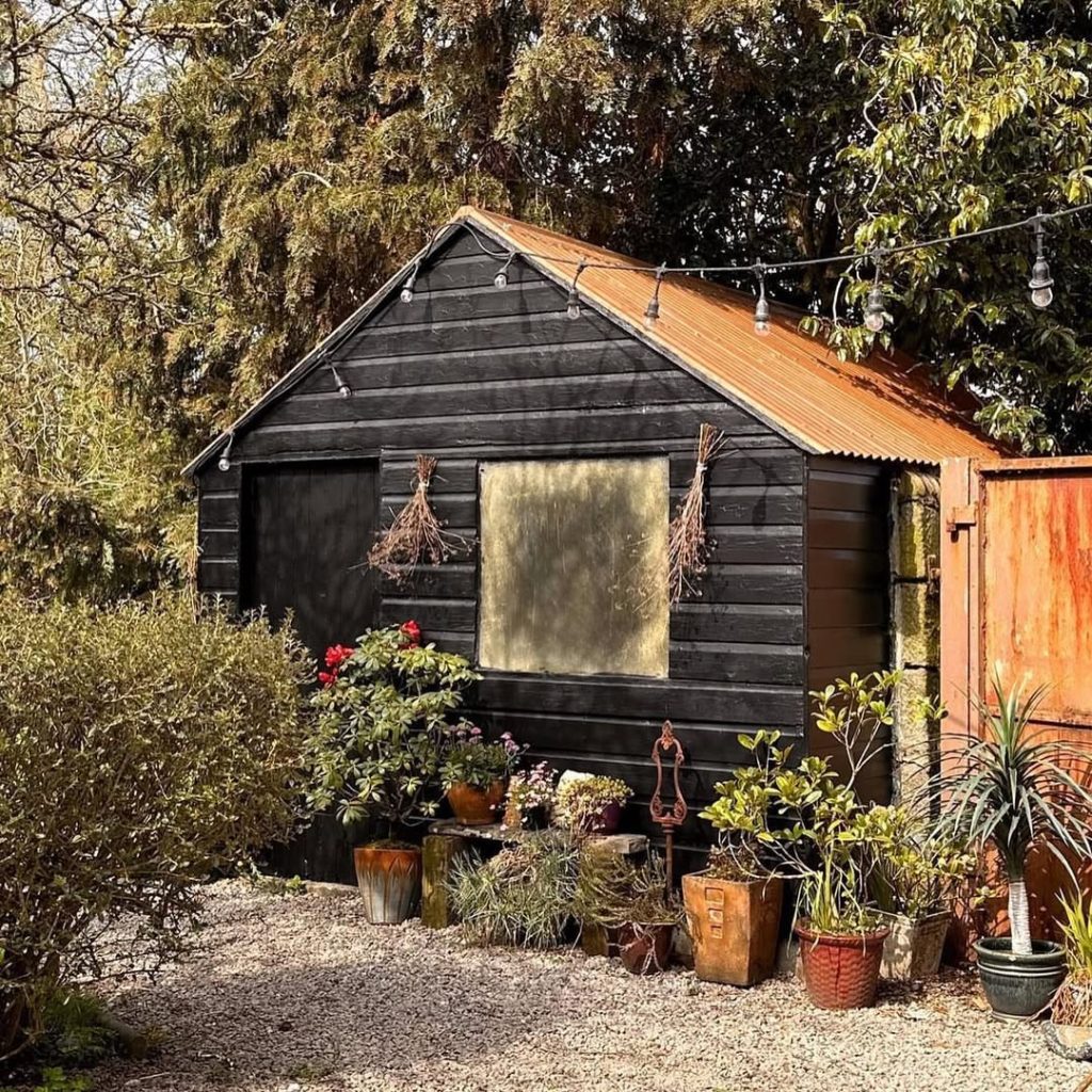 Black garden shed with string lights and vintage planters