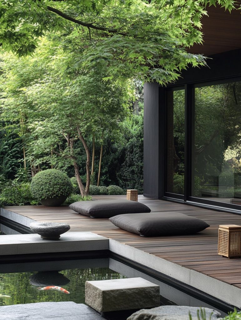 Modern Japanese inspired deck with cushions koi pond and maple trees
