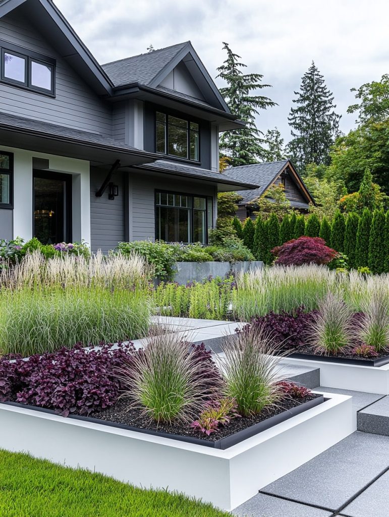 Modern raised beds with ornamental grasses and purple plants