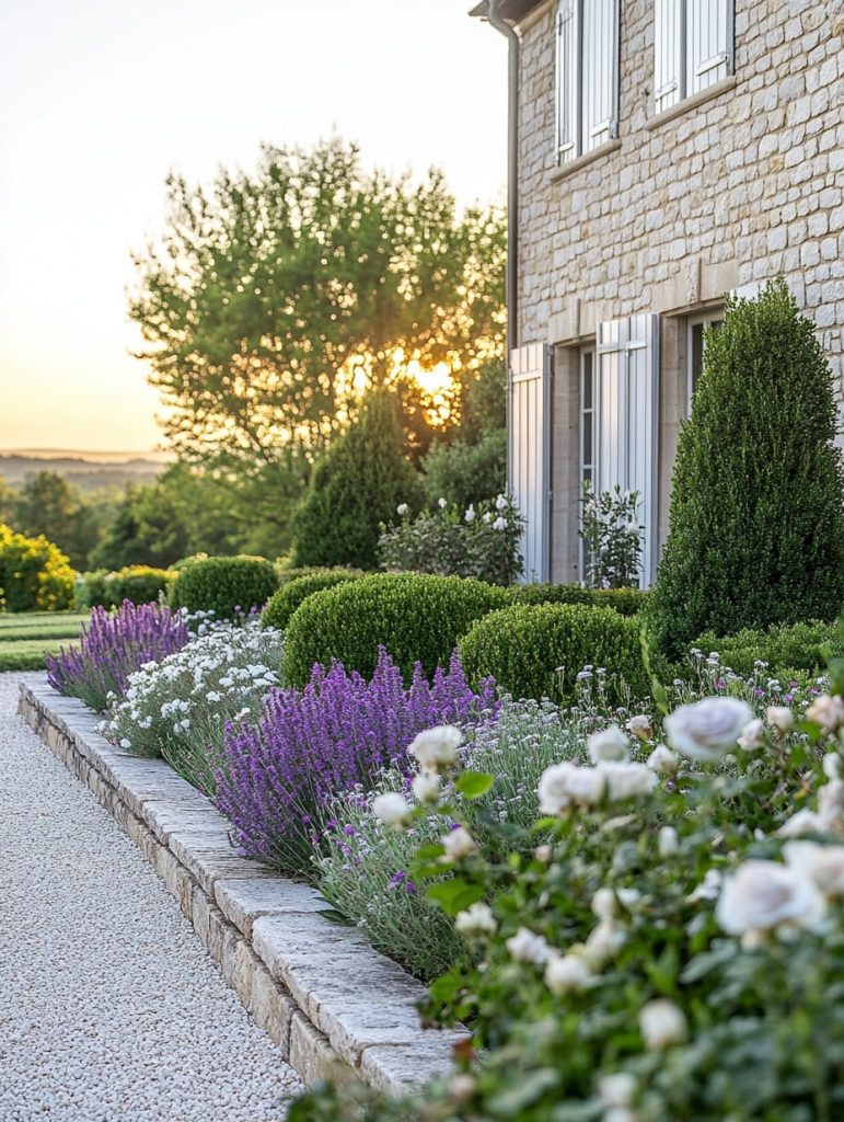 Stone bordered garden with lavender and white roses