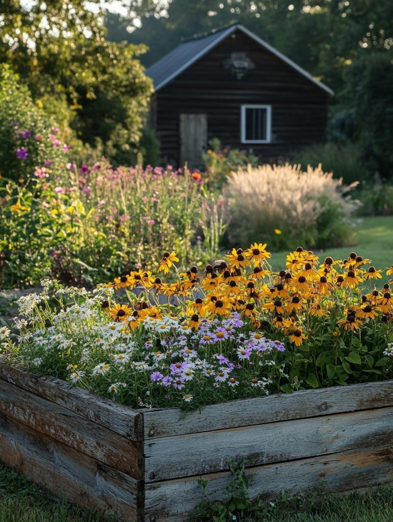 Rustic raised bed with wildflowers and garden shed