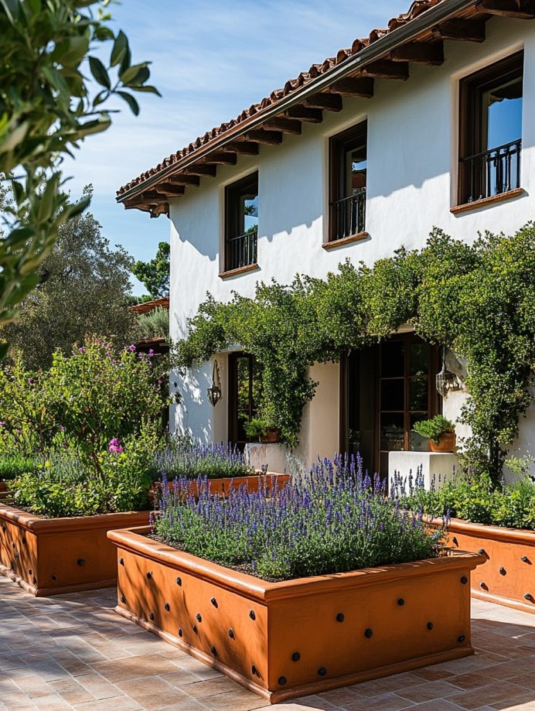 Spanish style home with terracotta planters and lavender