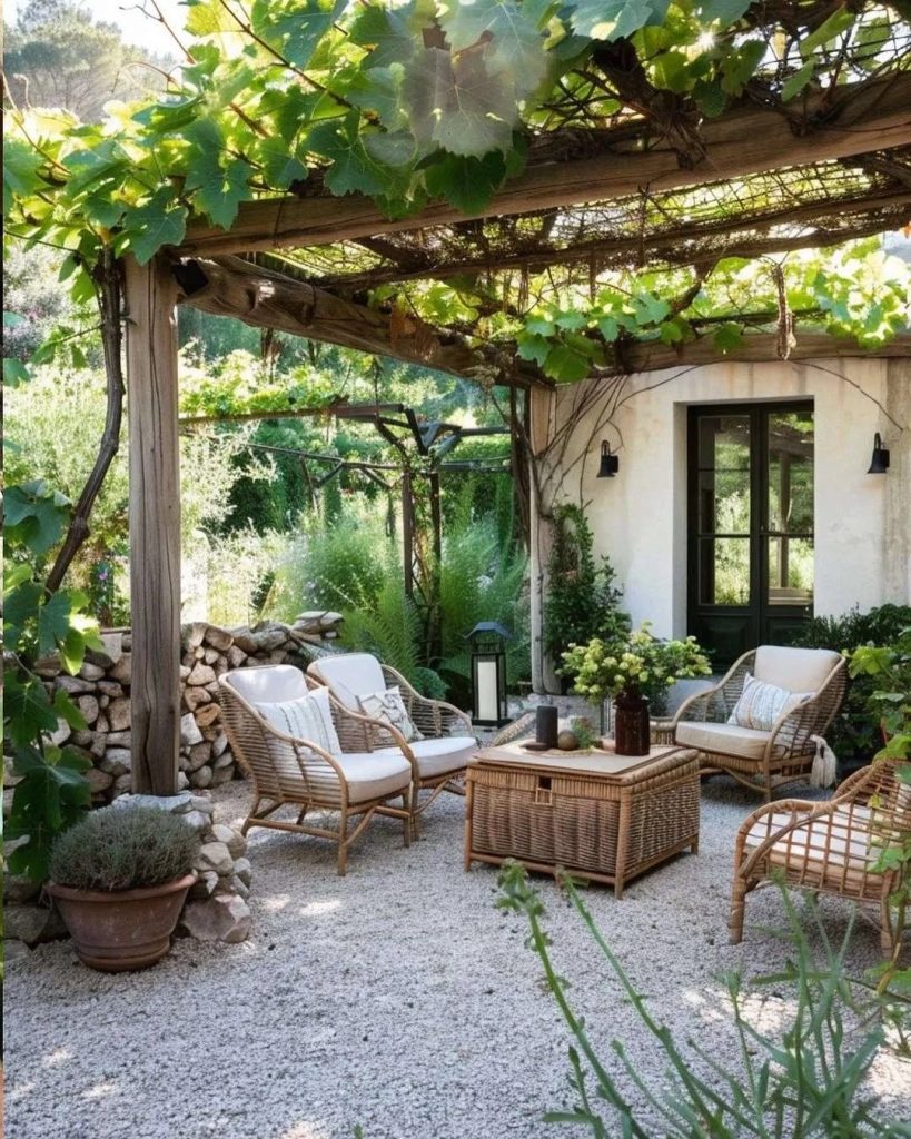 Pergola patio with grapevines rattan furniture and gravel ground