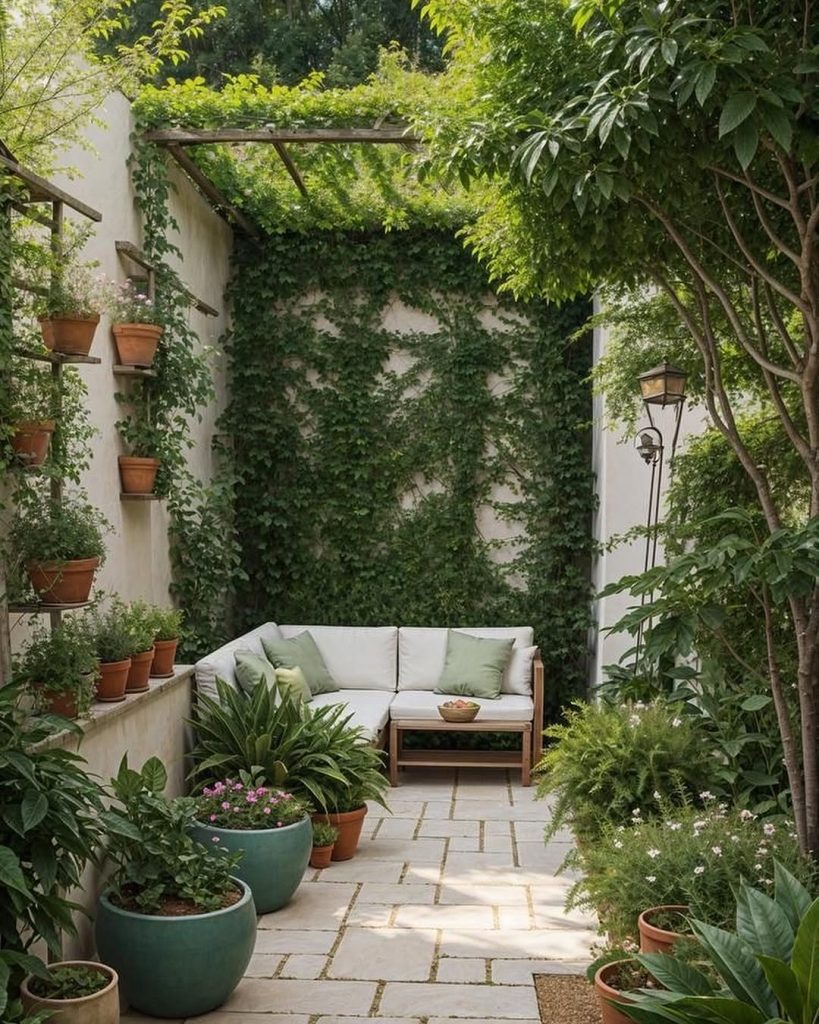 Courtyard garden with ivy walls sectional sofa and potted plants
