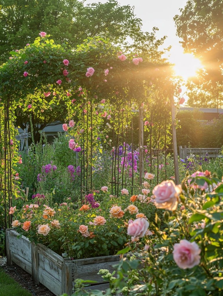 Sunset garden with climbing roses and wooden planters
