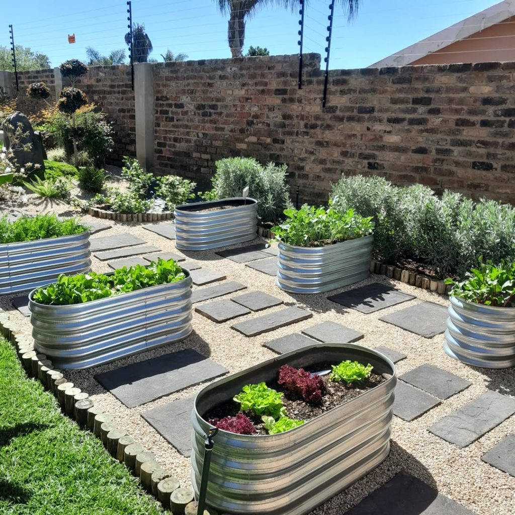 Modern metal raised garden beds with slate stepping stones