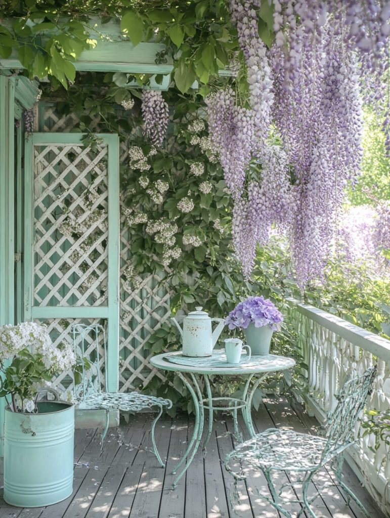 Mint green deck with wisteria covered lattice and vintage metal furniture