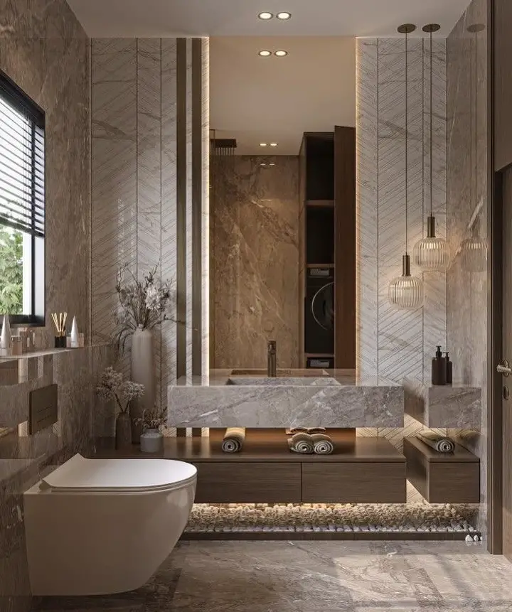 Minimalist bathroom with ribbed walls round mirror and built-in storage