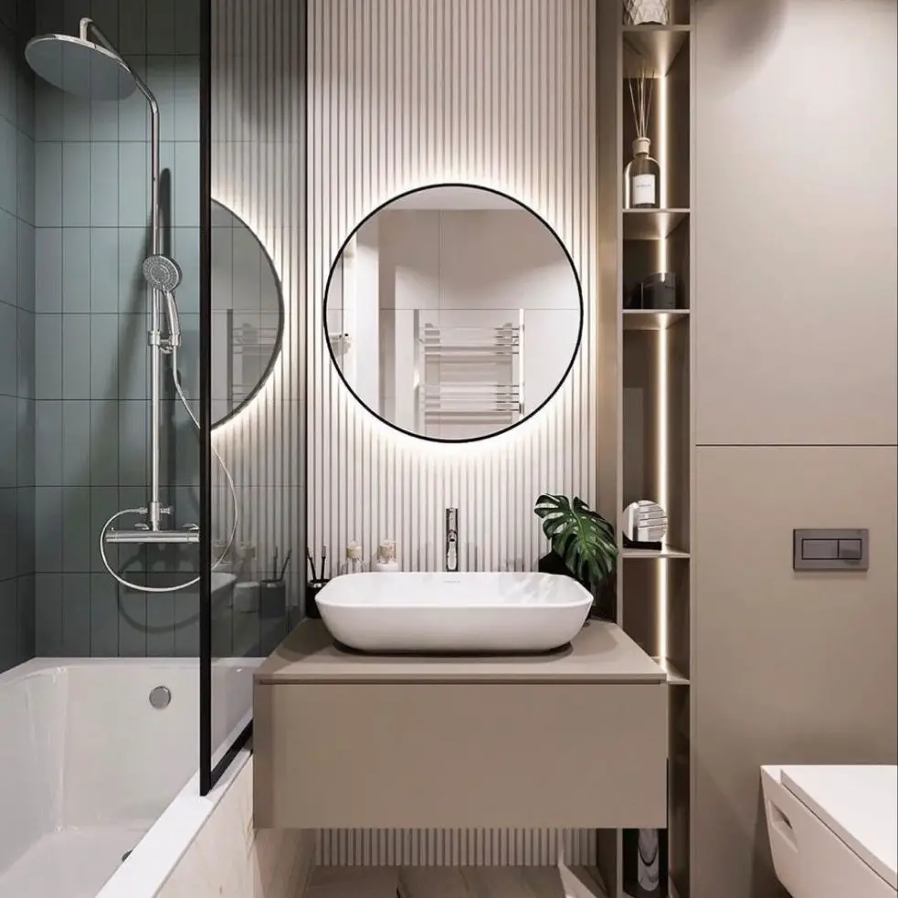Minimalist bathroom with ribbed walls round mirror and built-in storage