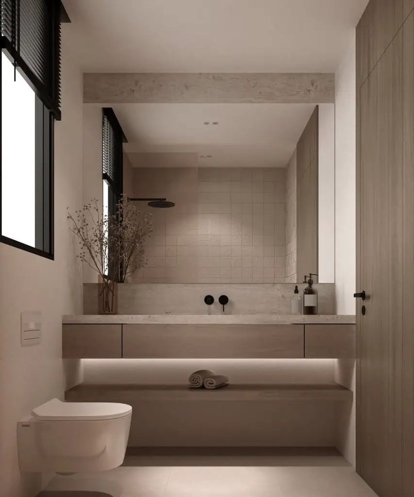 Minimalist bathroom with floating bench LED lighting and textured wall tiles