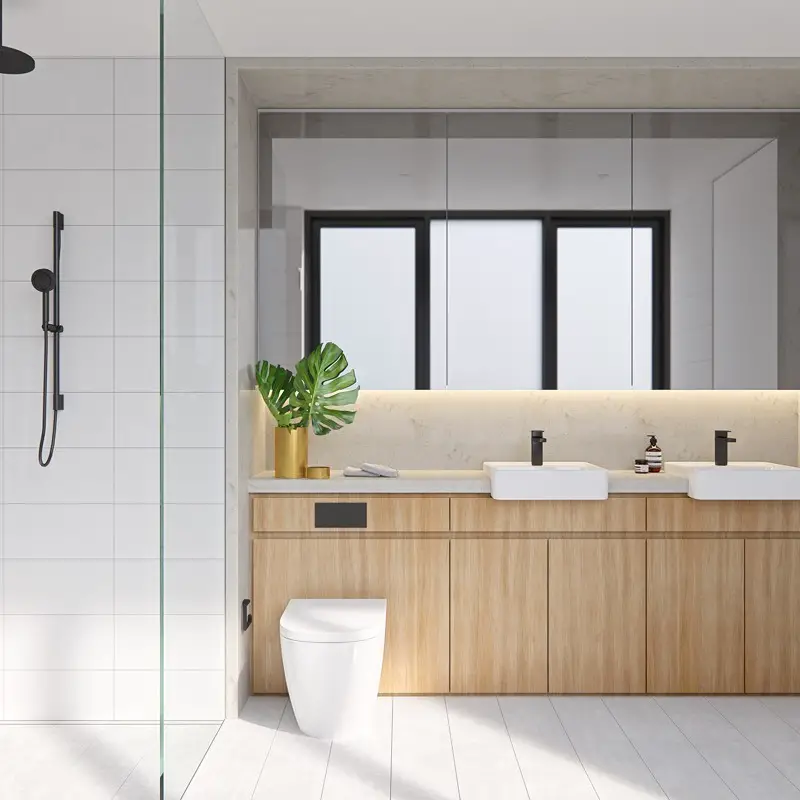  Scandinavian style bathroom with wooden vanity dual sinks and large windows
