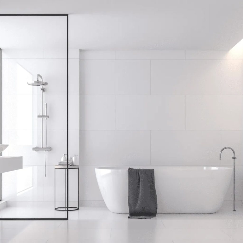 All white bathroom with freestanding tub glass shower partition and chrome fixtures