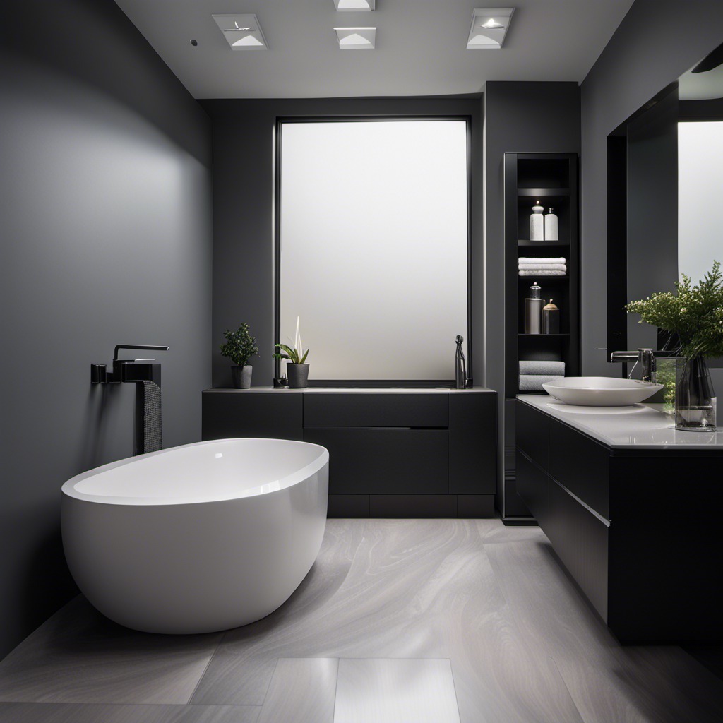 Black and white bathroom with freestanding tub built in storage and large window