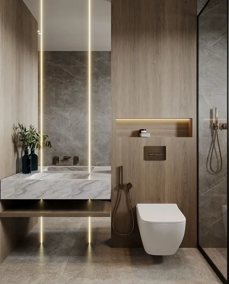 Modern bathroom with vertical LED lighting and wood accents