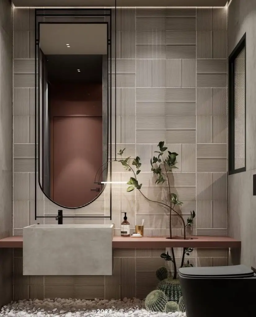 Contemporary powder room with textured walls plants and concrete sink