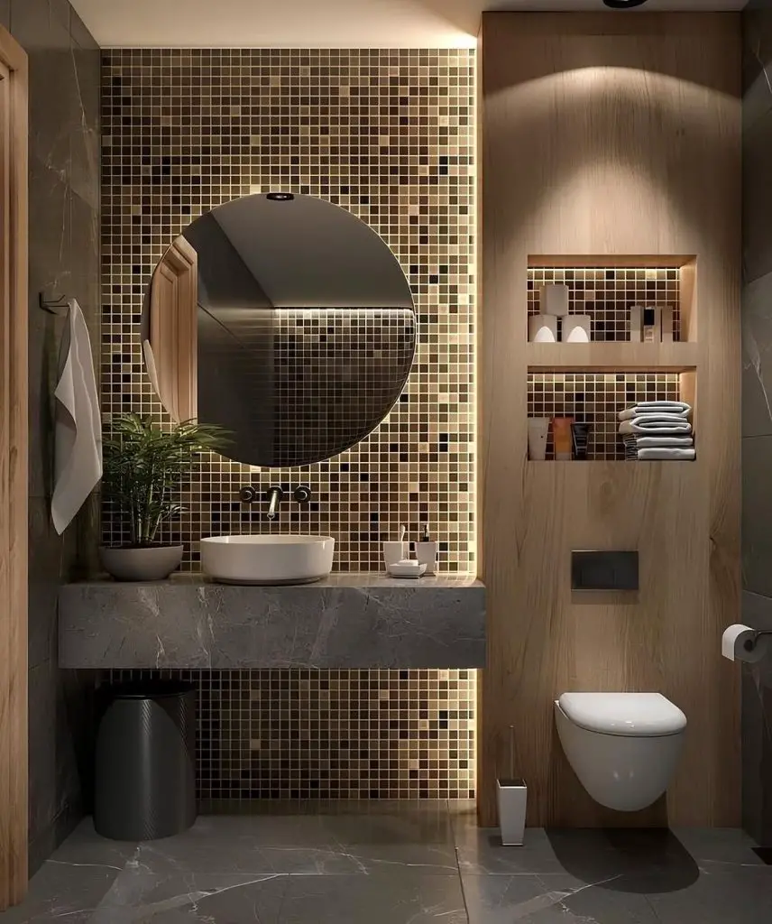 Modern bathroom with illuminated mosaic wall round mirror and wooden accents