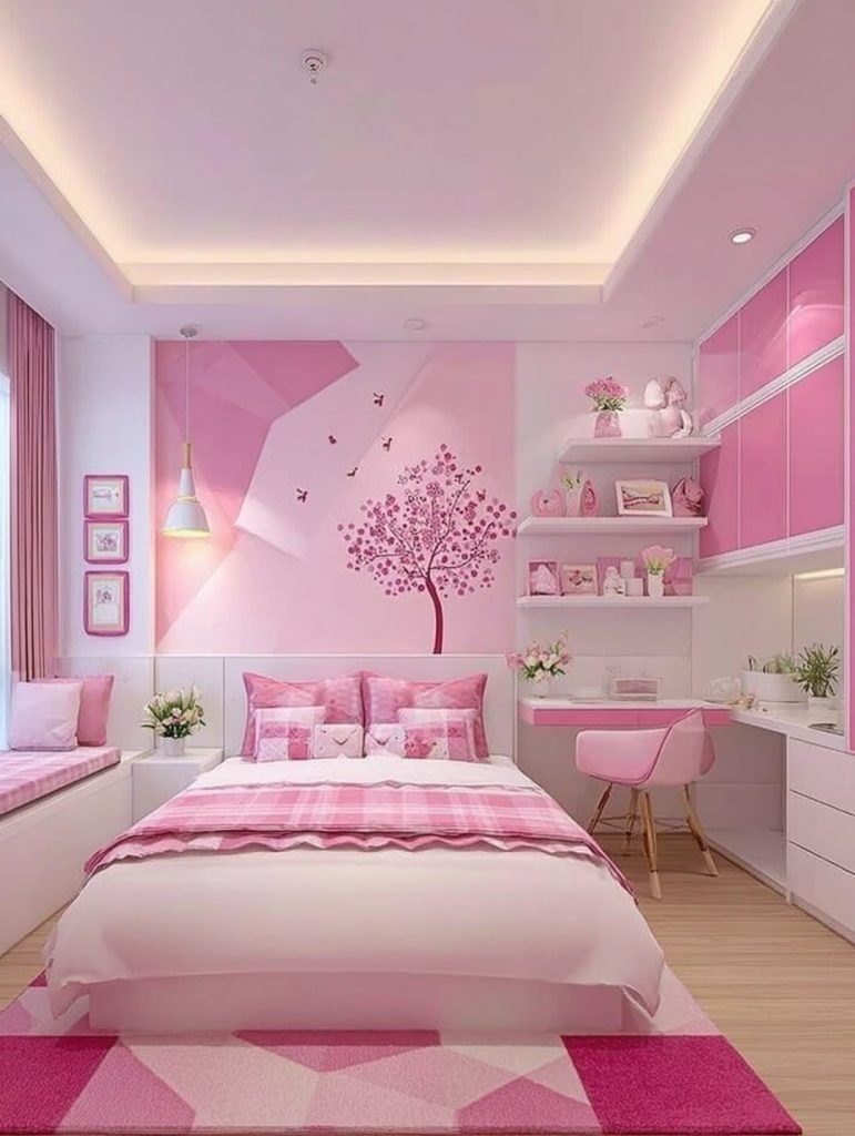 Modern pink girl bedroom with geometric patterns
