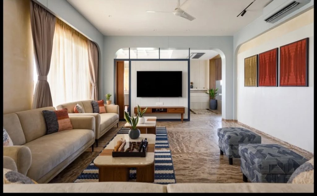 Minimalist living room with floating media console
