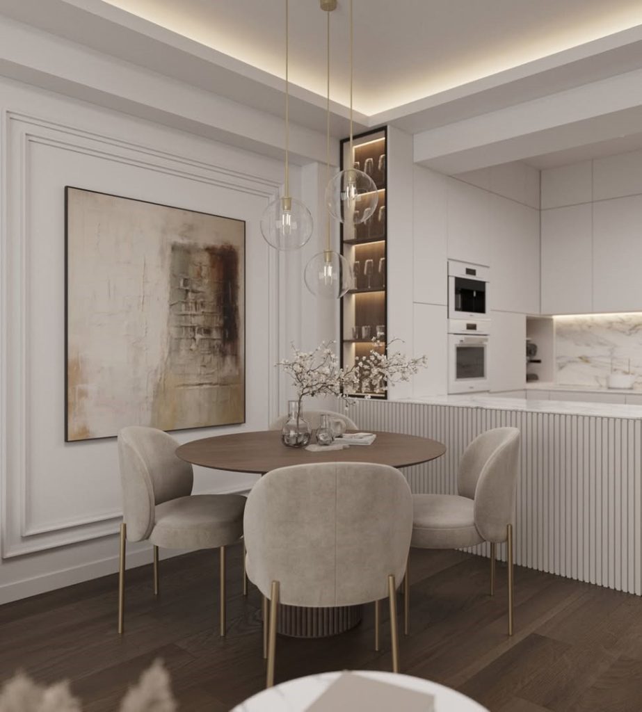 Open kitchen dining area with pendant lights