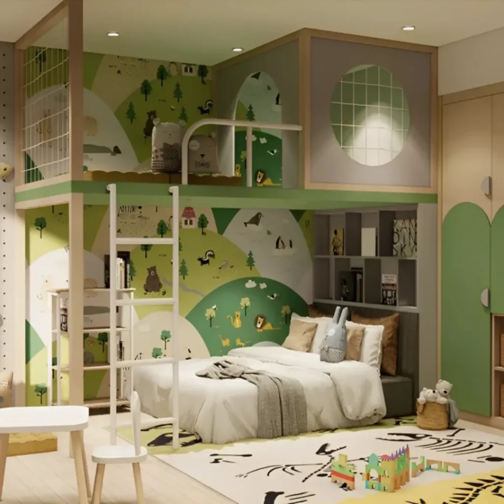 Green forest themed kids bedroom with nature murals and built-in storage