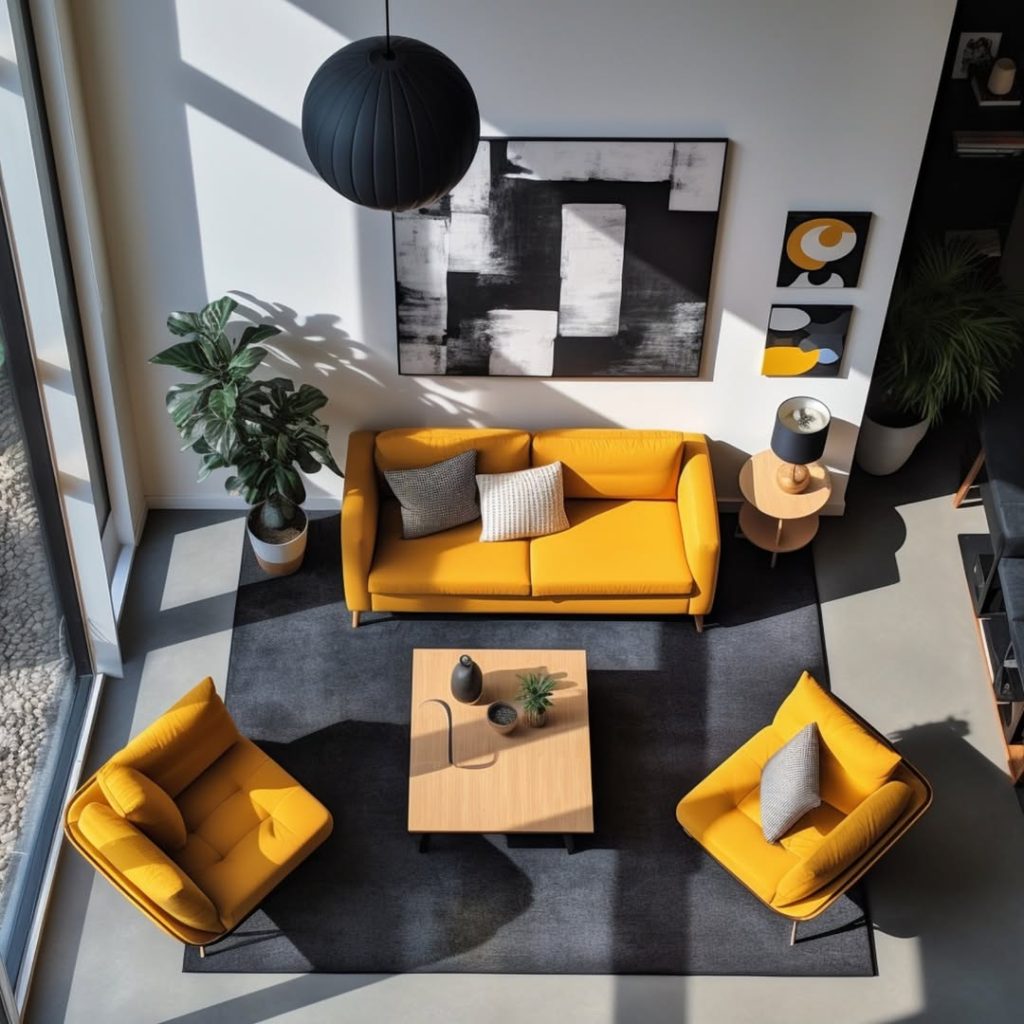 Bright yellow sofa set with geometric rug and modern lighting fixtures