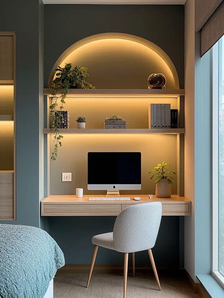 Built-in desk with arched lighting and shelving storage