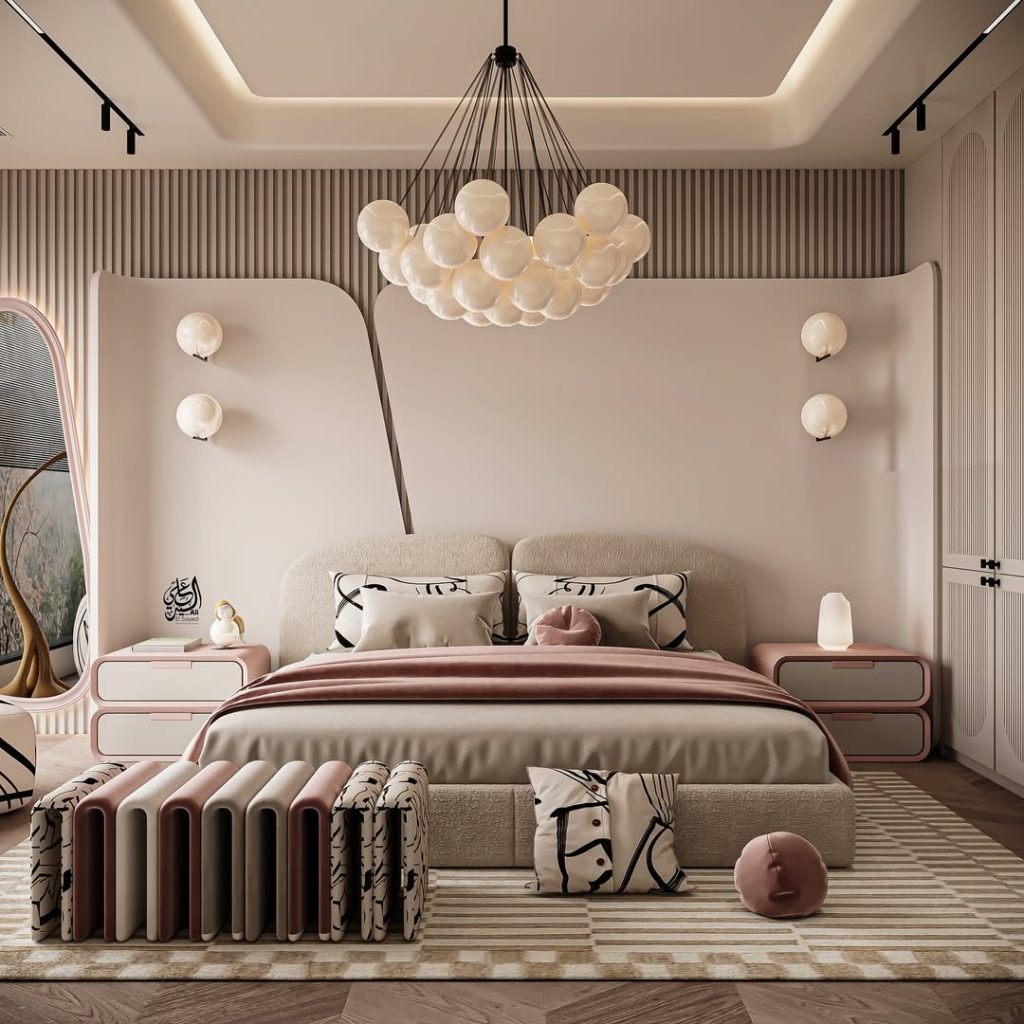 Modern bedroom with pink accents curved headboard sculptural lighting