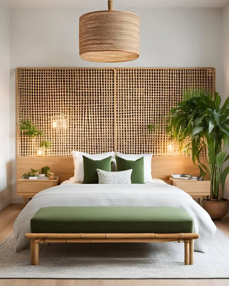 Natural rattan headboard bedroom with green accents and woven pendant light