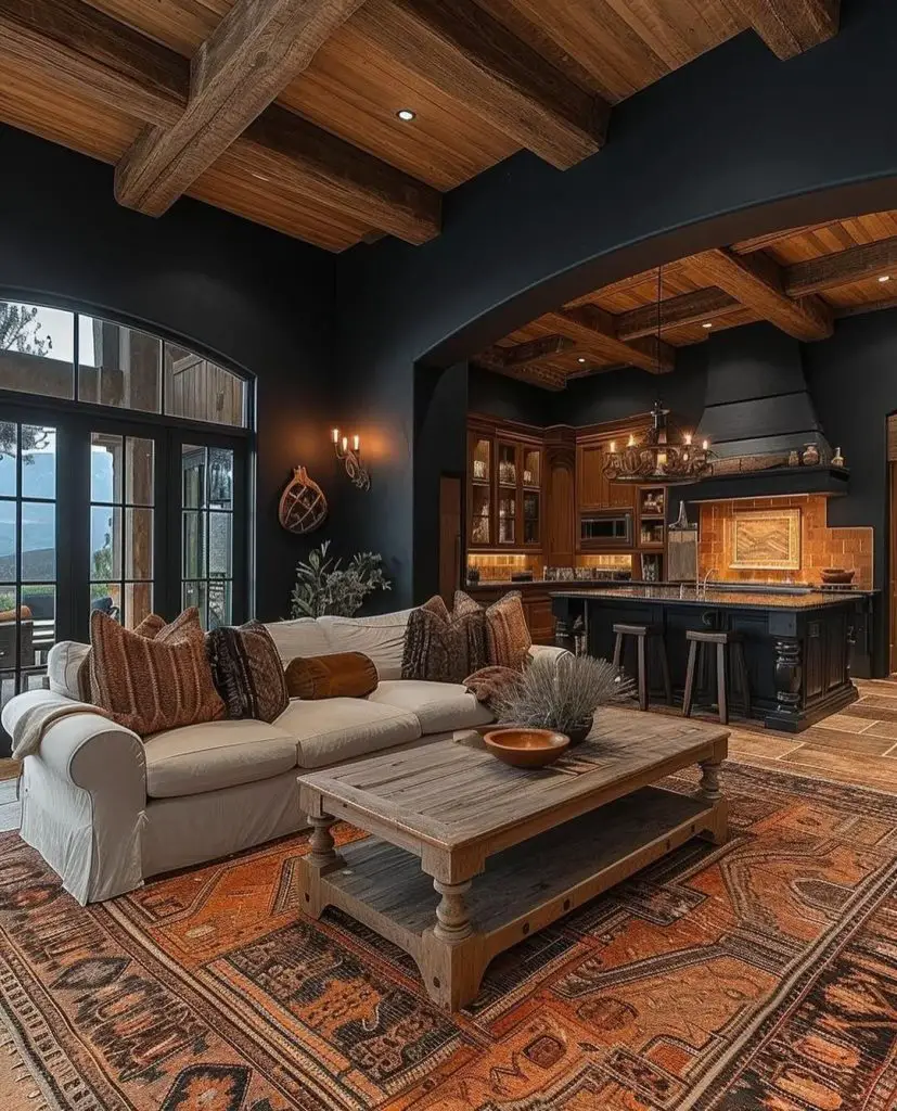 Dark walls with wooden beams, neutral sofa, integrated kitchen design