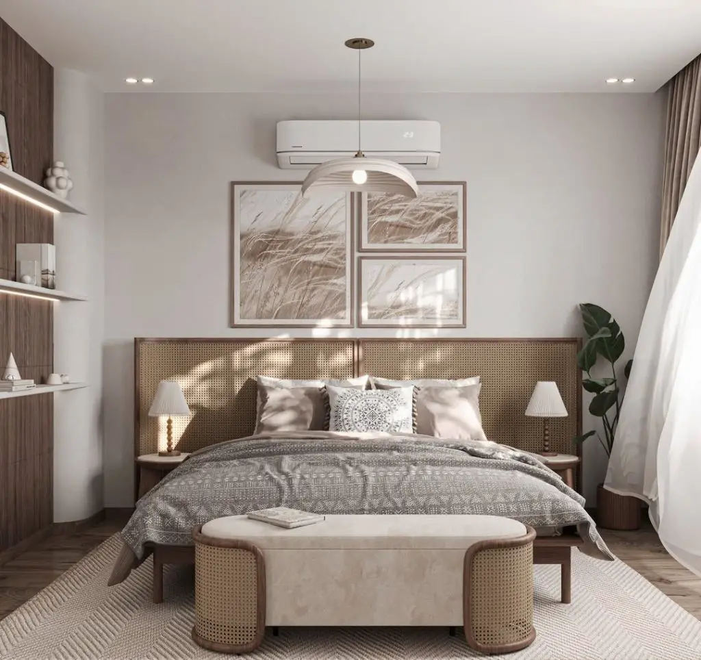Bedroom featuring cane webbing headboard natural texture accents