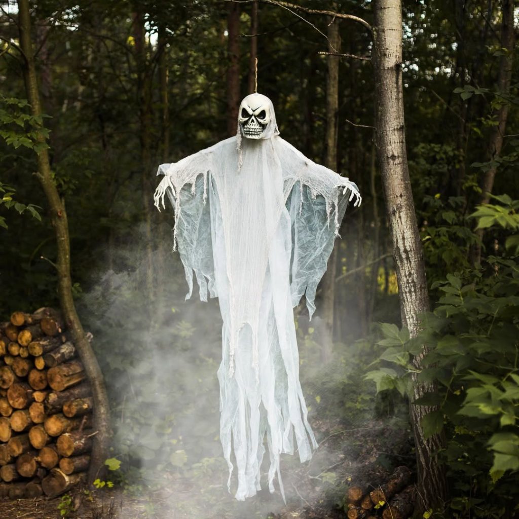 White ghost floating in misty forest with atmospheric fog