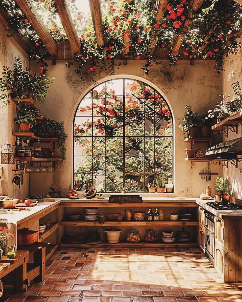 Rustic kitchen with flowering vines, arched window, exposed wooden beams