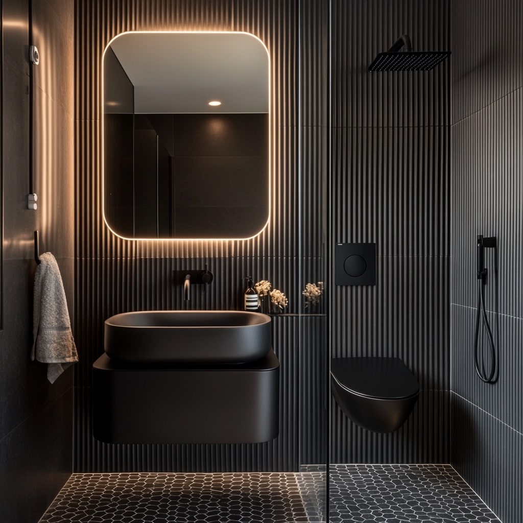  Modern bathroom with wood slats and hexagonal shower tiles