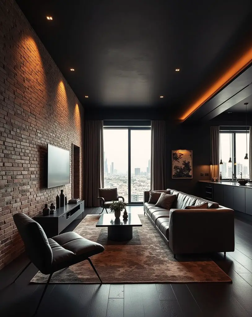 Minimalist dark living room with clean lines and neutral colors