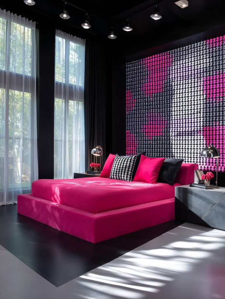 Pink platform bed with houndstooth accent wall design