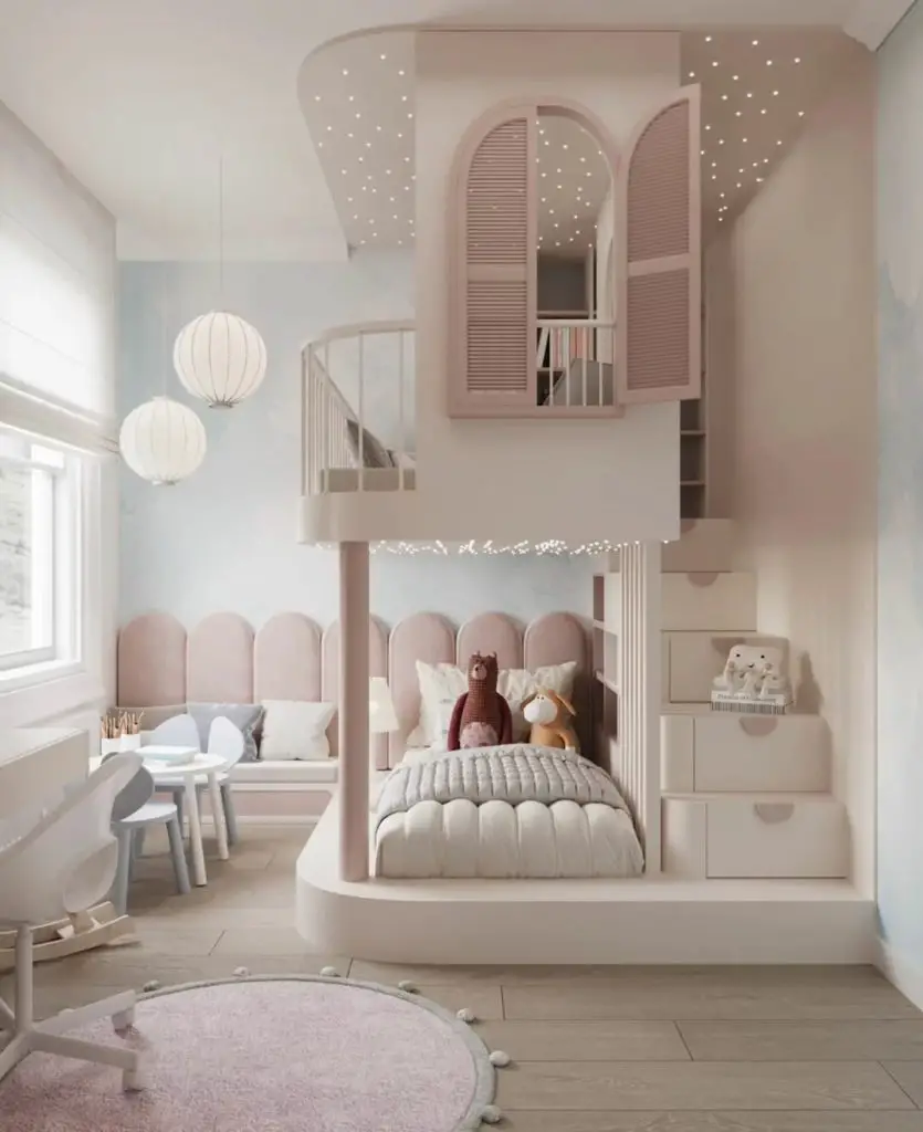 Pink fairy tale kids bedroom with castle bed and starry ceiling