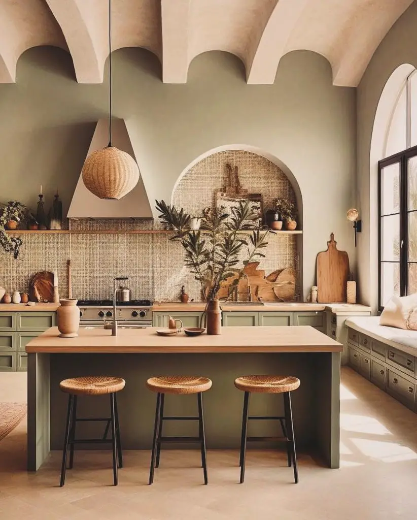 Desert modern kitchen with arched ceiling, sage cabinets, woven textures