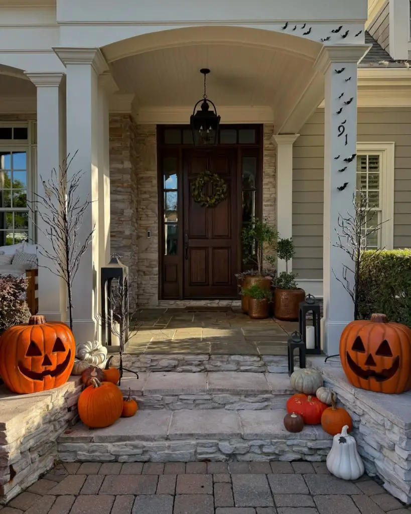 Elegant front porch decorated with pumpkins bats and autumn elements