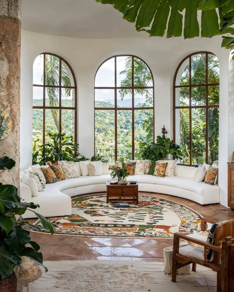 Curved living room with arched windows and mountain views