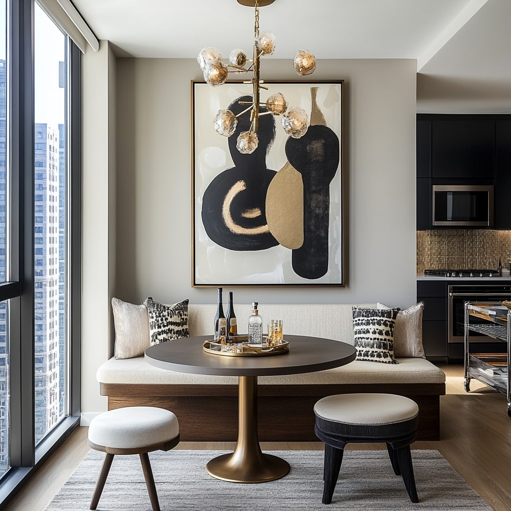 Modern breakfast nook with built-in seating and abstract art