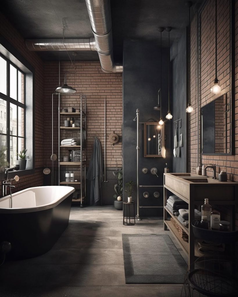 Industrial bathroom with exposed brick walls and freestanding tub