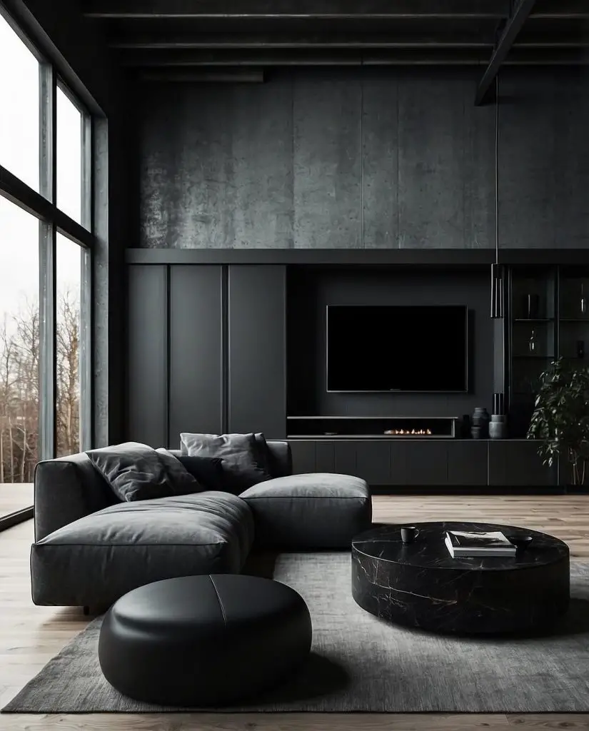 Concrete industrial living room with built-in fireplace and entertainment center