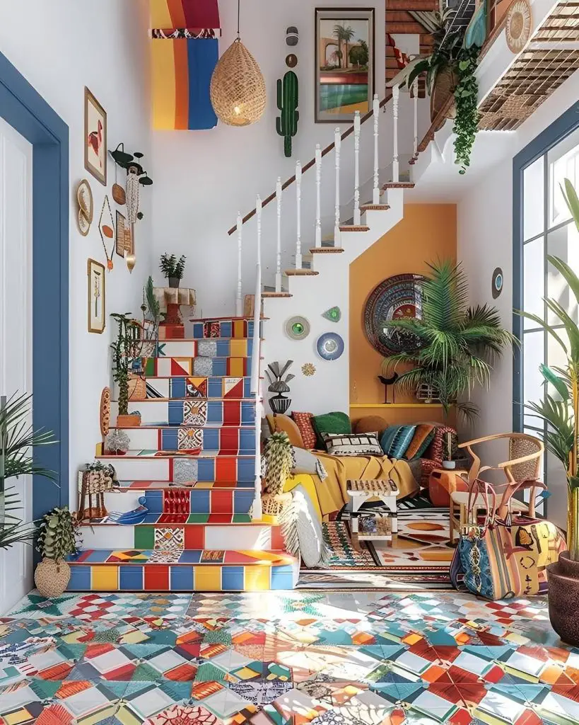 Colorful patchwork tiled staircase with plants and eclectic decor