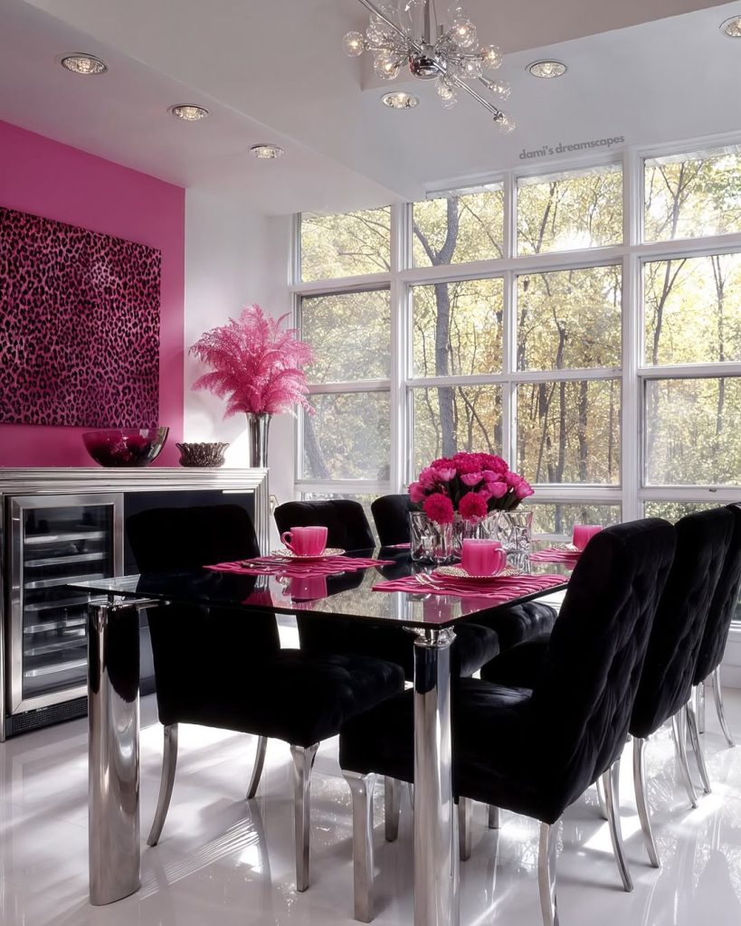 Pink dining room with black chairs and crystal lighting