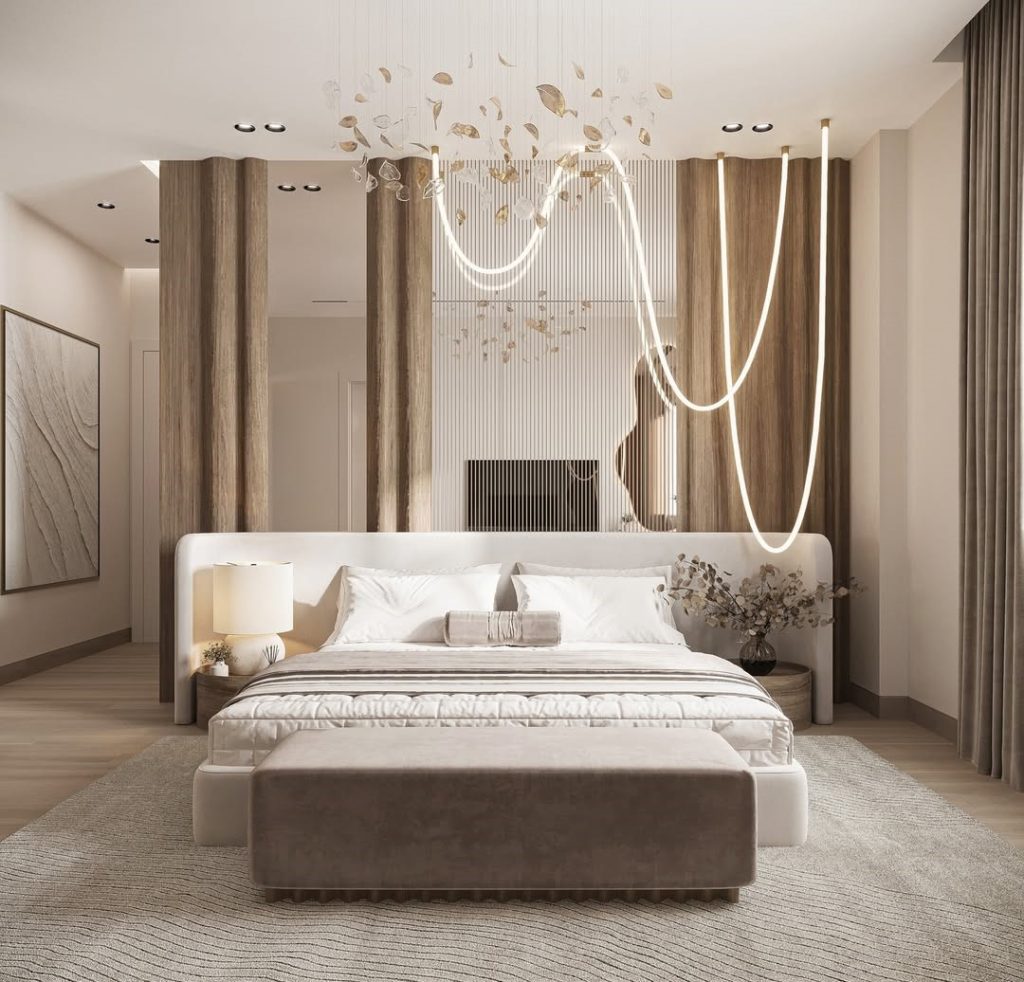 Bedroom featuring floating leaves ceiling installation wood panels