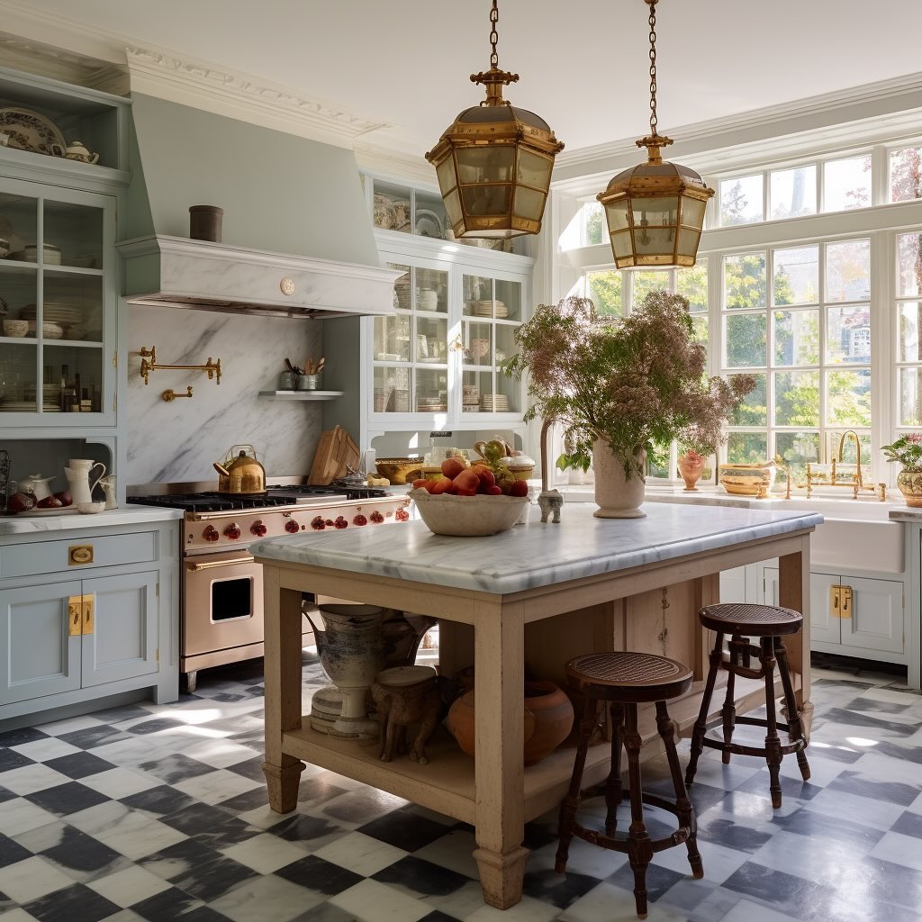 French country kitchen with mint cabinets, brass lanterns, checkered floors