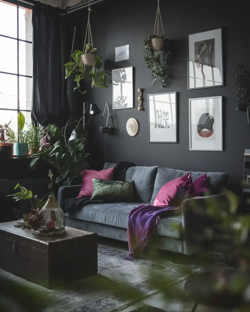 Gray sofa with hanging plants, dark walls, purple accents