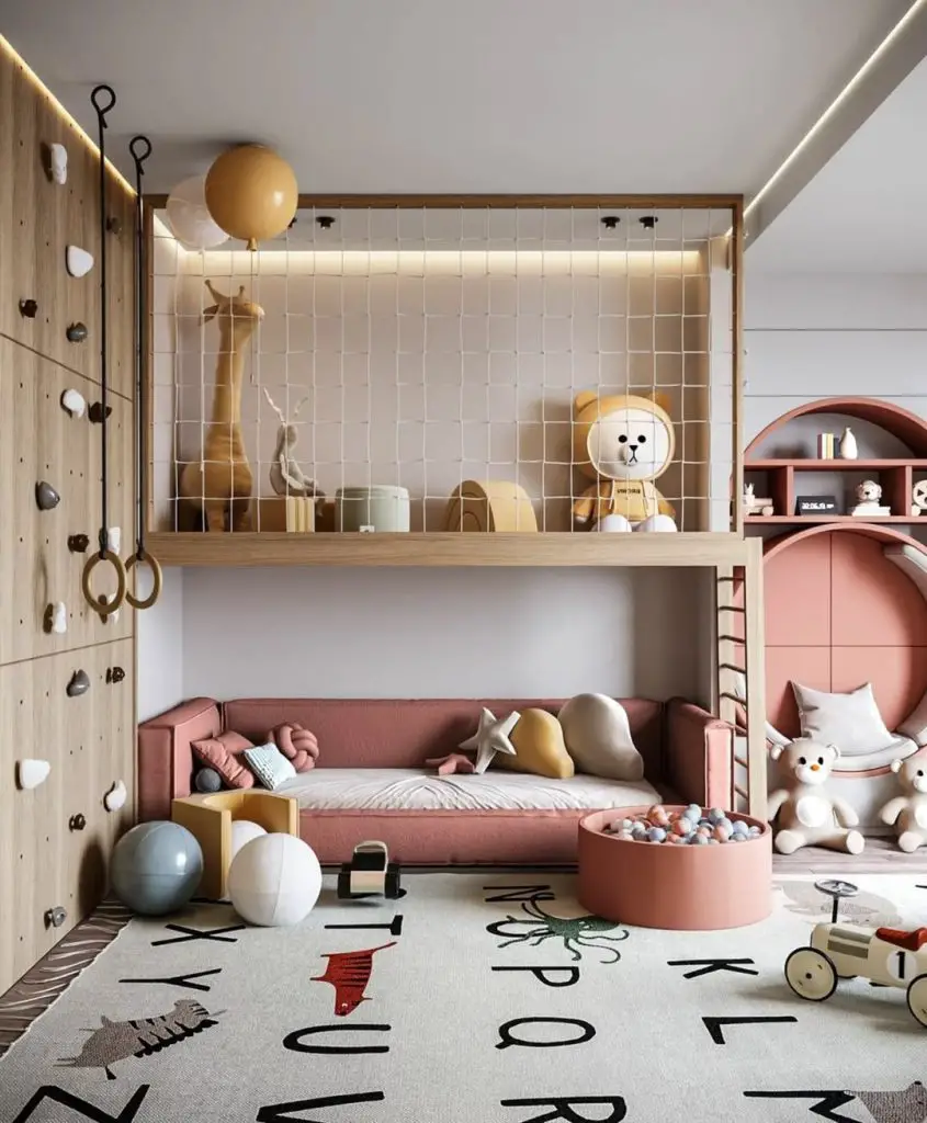 Contemporary kids playroom with climbing wall and coral furniture accents