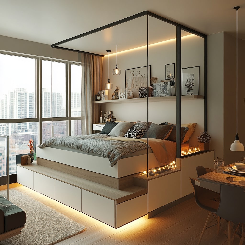Elevated platform bed with integrated storage and workspace below